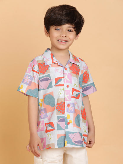 Boys Grey Half Sleeve Casual Printed Cotton Shirt