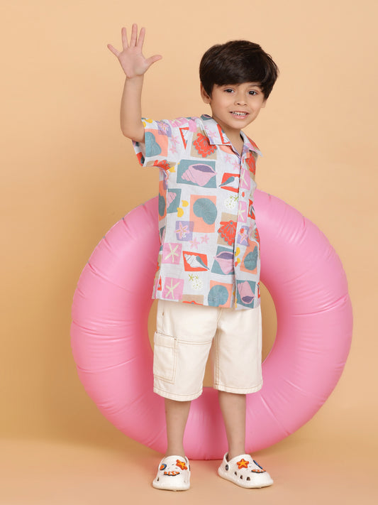 Boys Grey Half Sleeve Casual Printed Cotton Shirt
