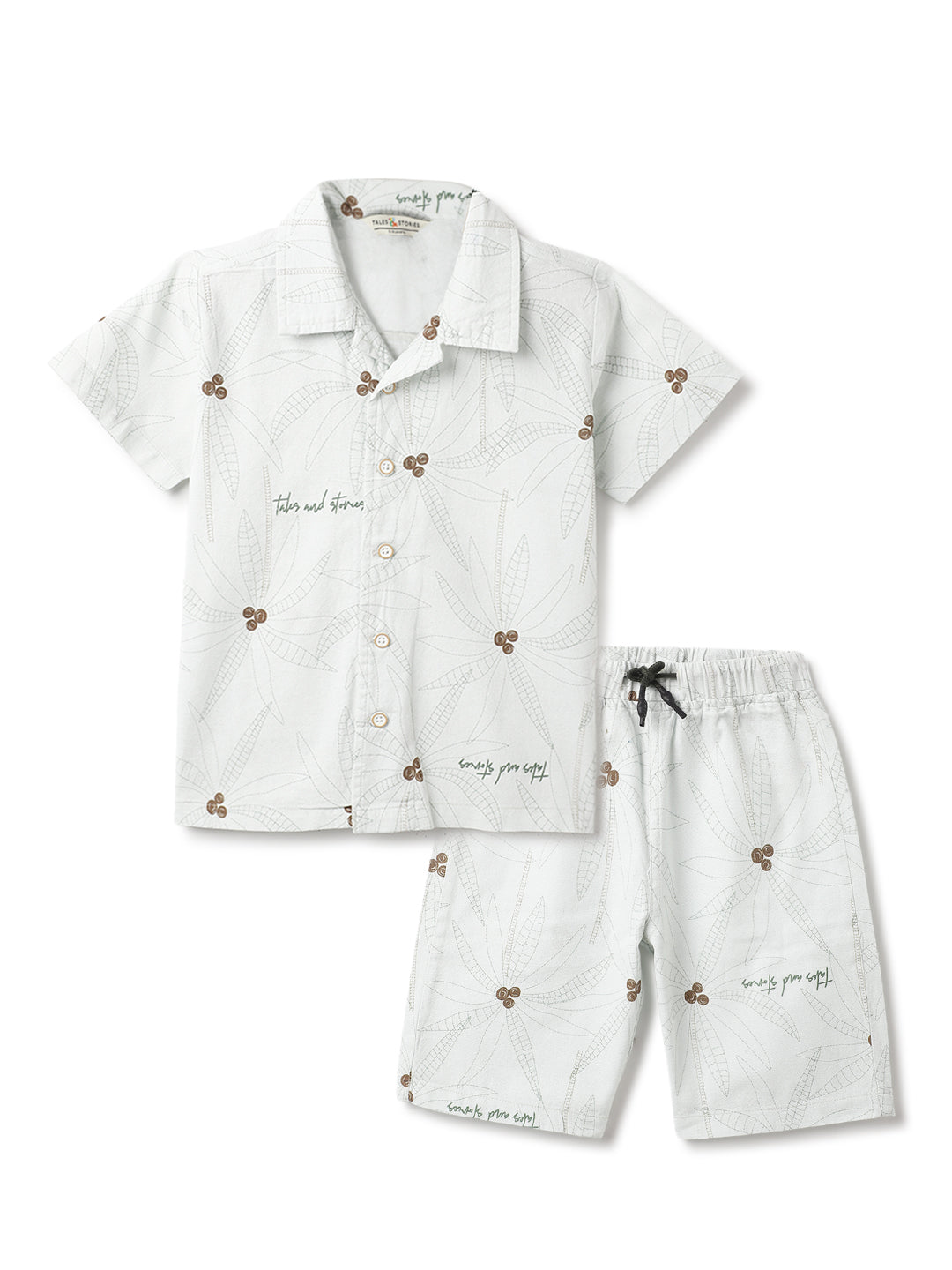 Boys Off White Cotton Printed Co-ords Set