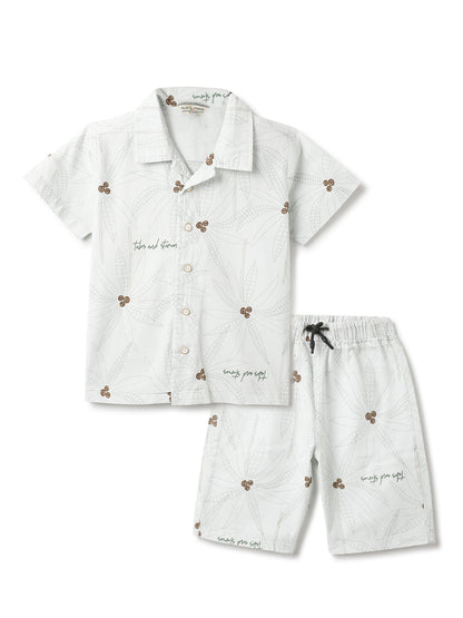 Boys Off White Cotton Printed Co-ords Set
