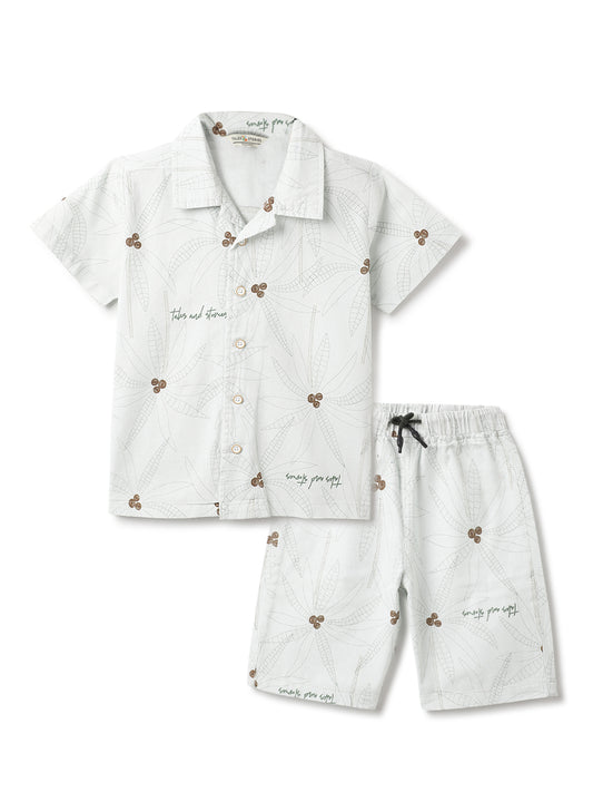 Boys Off White Cotton Printed Co-ords Set
