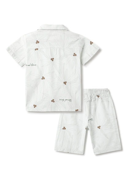 Boys Off White Cotton Printed Co-ords Set