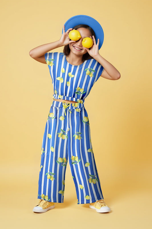 Girls Blue Viscose Stripes  Co-Ord Set