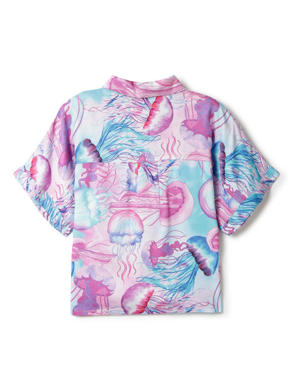 Girls Pink & Blue Viscose Printed Shirt