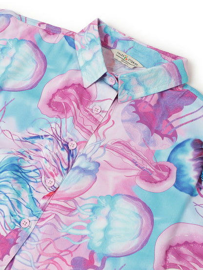 Girls Pink & Blue Viscose Printed Shirt