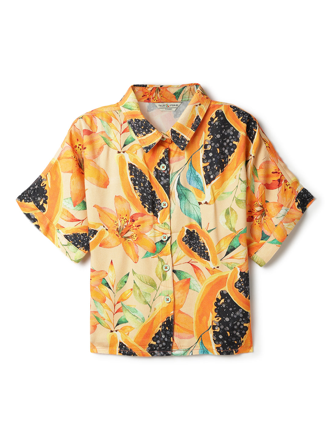 Girls Orange Viscose Printed Shirt