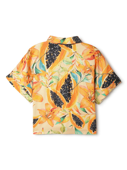 Girls Orange Viscose Printed Shirt