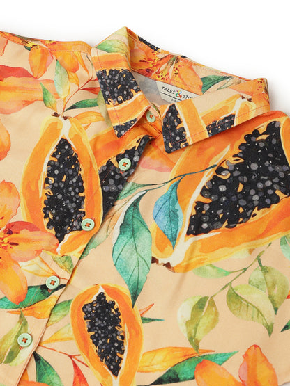 Girls Orange Viscose Printed Shirt
