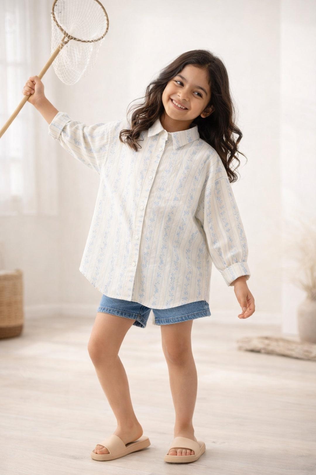 Girls Off White Viscose Polyester Stripes Printed Shirt