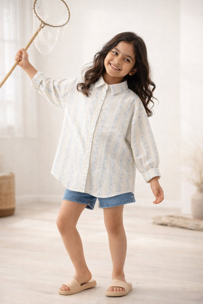 Girls Off White Viscose Polyester Stripes Printed Shirt