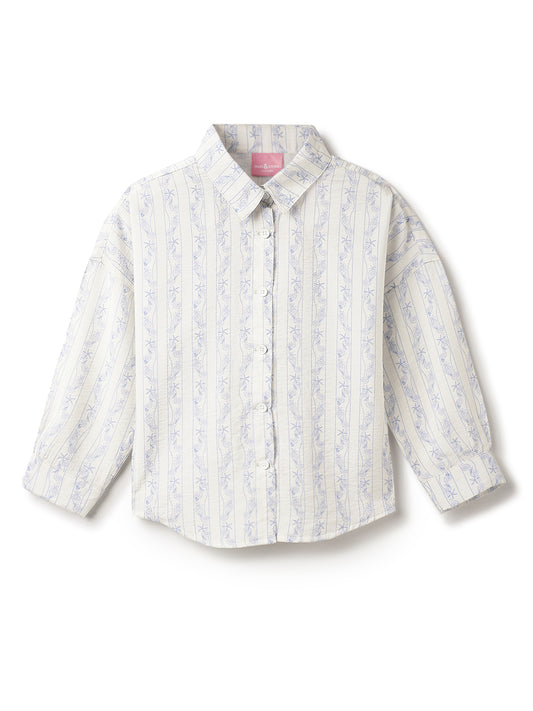 Girls Off White Viscose Polyester Stripes Printed Shirt