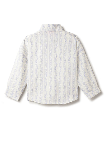Girls Off White Viscose Polyester Stripes Printed Shirt