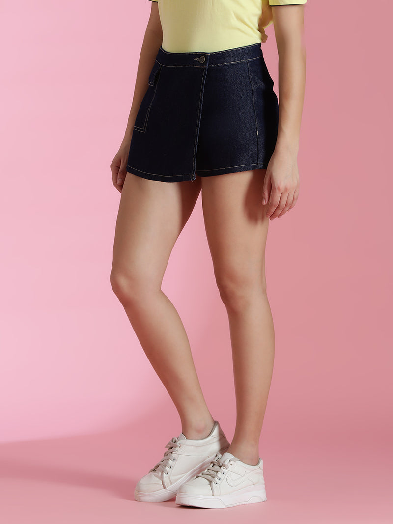 Womens Dark Blue Denim Thigh Length Skort