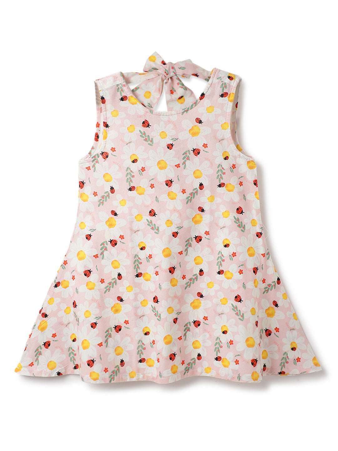 Girls Peach Cotton Printed Sleeveless Dress