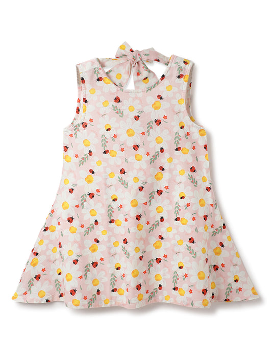 Girls Peach Cotton Printed Sleeveless Dress
