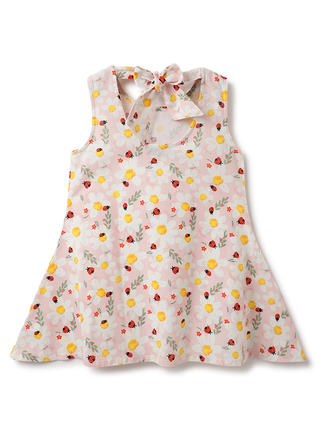 Girls Peach Cotton Printed Sleeveless Dress