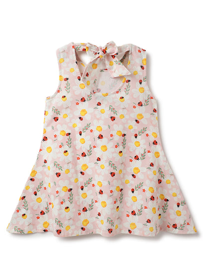 Girls Peach Cotton Printed Sleeveless Dress