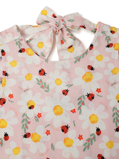 Girls Peach Cotton Printed Sleeveless Dress