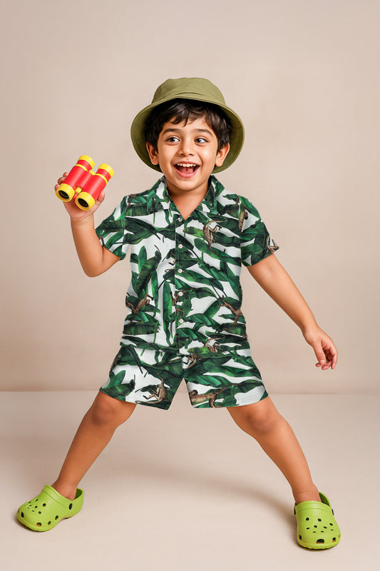 Boys Green Cotton Animal Printed Co-ord Set