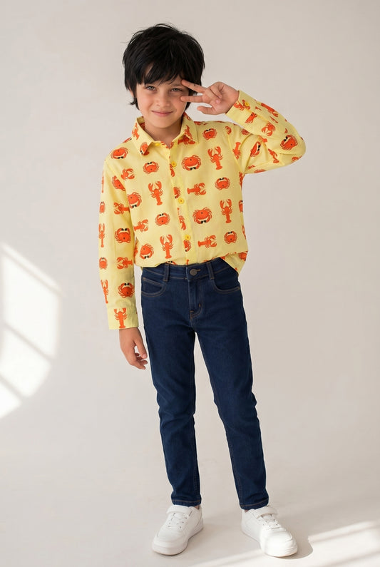Boys Yellow Printed Shirt With Blue Denim Jeans Clothing Set