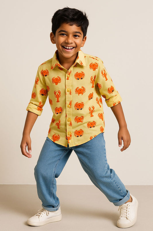 Boys Yellow Cotton Print Shirt