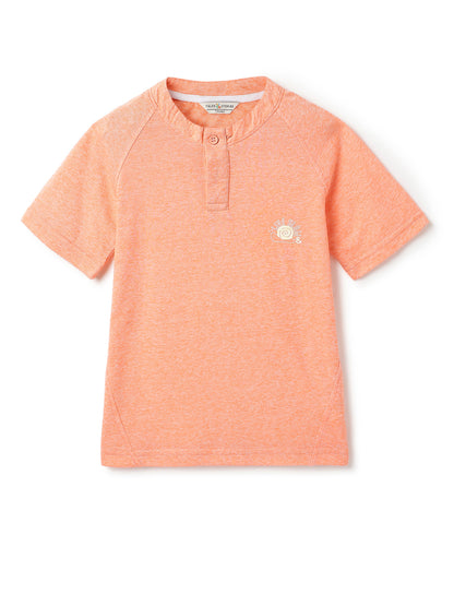 Boys Orange Printed Henley Neck T-Shirt