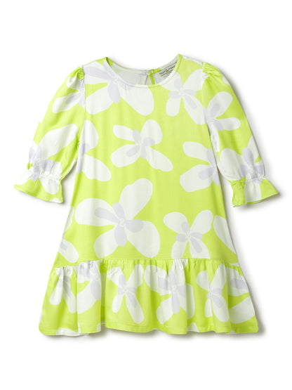 Girls Green Neon Viscose Floral Print Dress