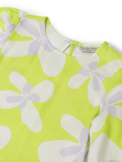 Girls Green Neon Viscose Floral Print Dress
