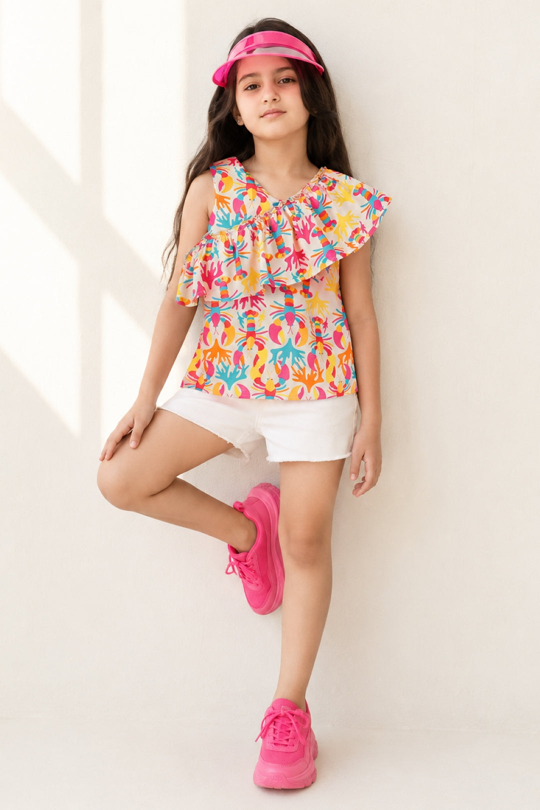 Girls Rayon Peach Printed One Shoulder Top