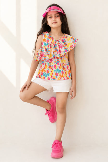 Girls Rayon Peach Printed One Shoulder Top