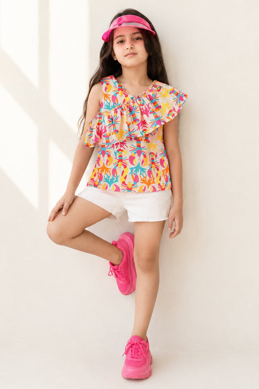 Girls Rayon Peach Printed One Shoulder Top