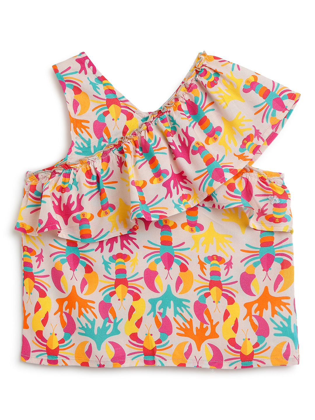 Girls Rayon Peach Printed One Shoulder Top