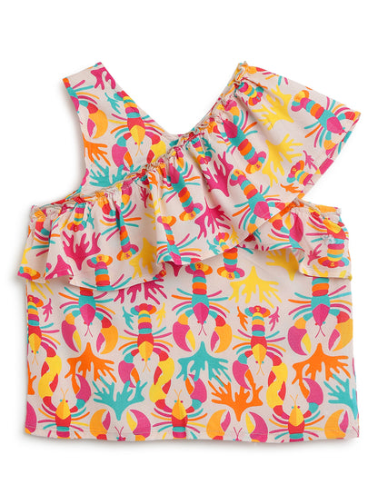 Girls Rayon Peach Printed One Shoulder Top