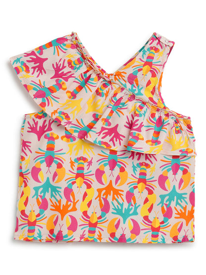 Girls Rayon Peach Printed One Shoulder Top