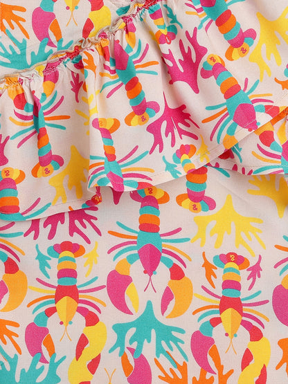 Girls Rayon Peach Printed One Shoulder Top