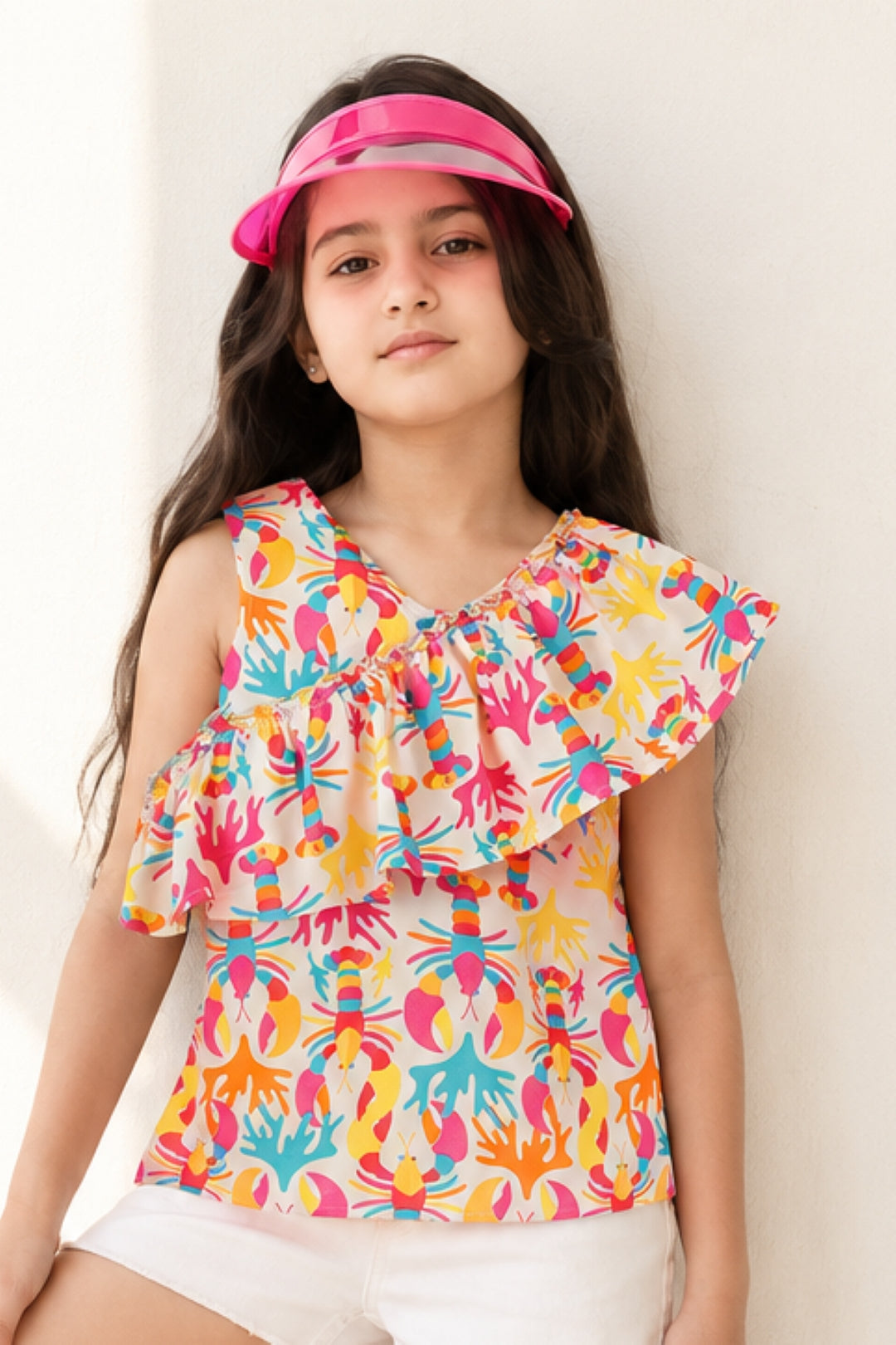 Girls Rayon Peach Printed One Shoulder Top
