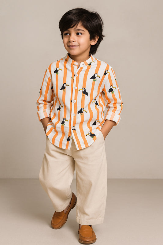 Boys Viscose Orange Printed Shirt