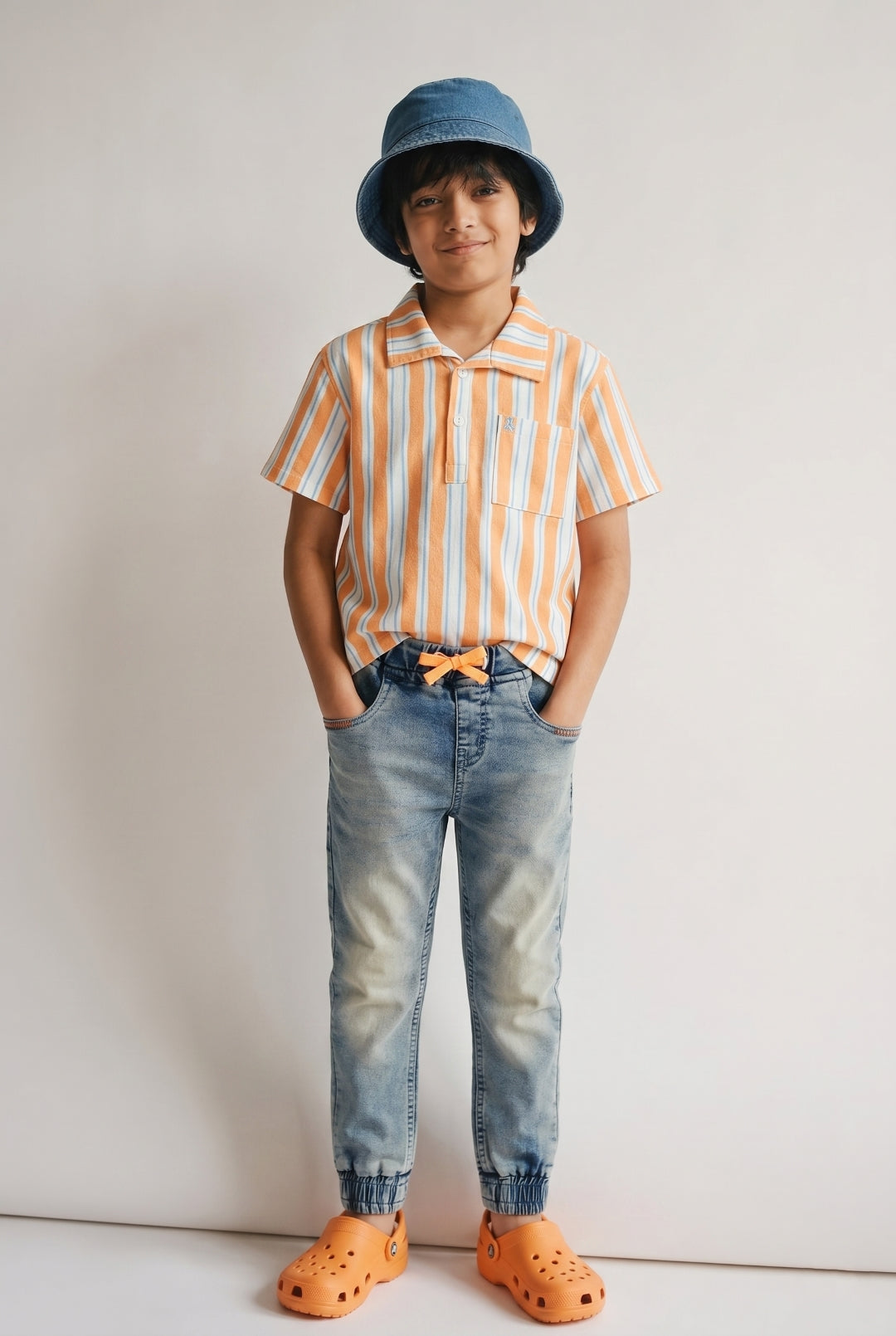 Boys Cotton Orange Shirt With Blue Denim Joggers Clothing Set
