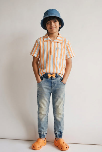Boys Cotton Orange Shirt With Blue Denim Joggers Clothing Set