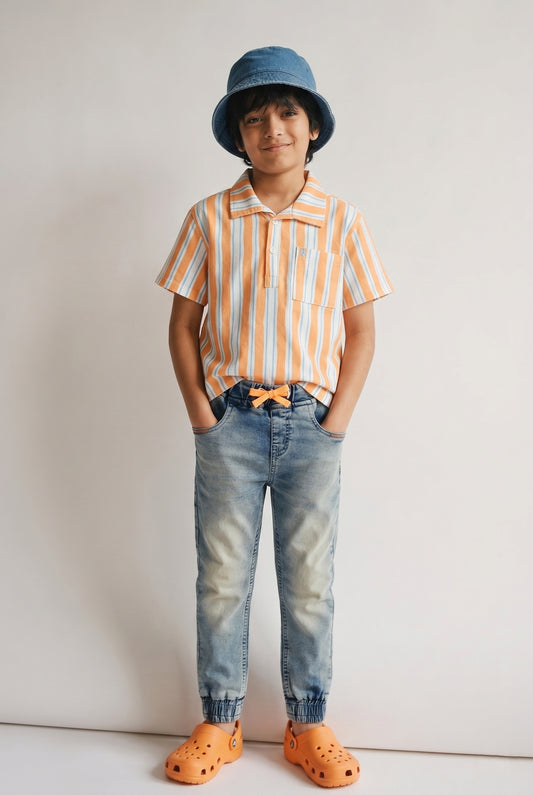 Boys Cotton Orange Shirt With Blue Denim Joggers Clothing Set