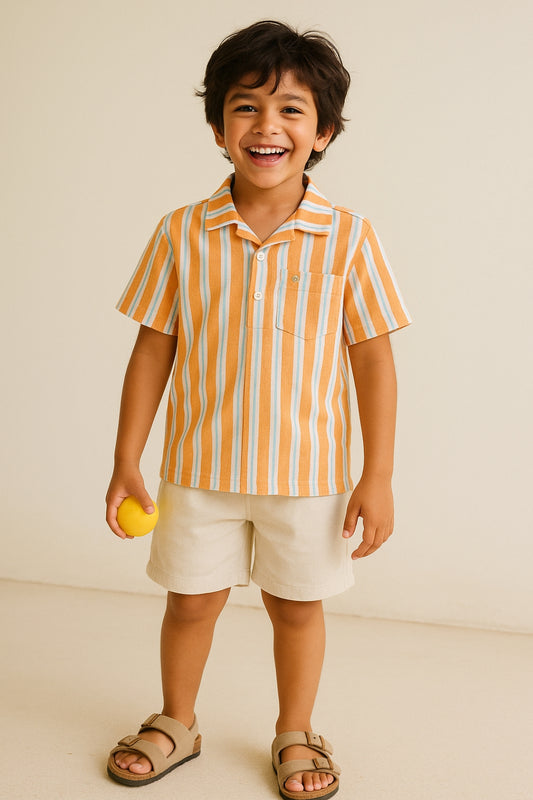 Boys Cotton Orange Striped Oversized Fit Shirt
