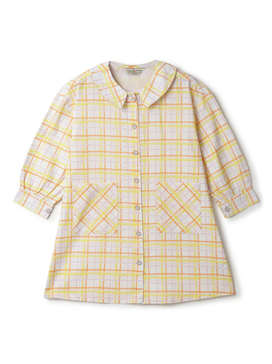 Girls Yellow Cotton Checkered Dress