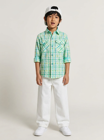 Boys Green Cotton Checks Shirt