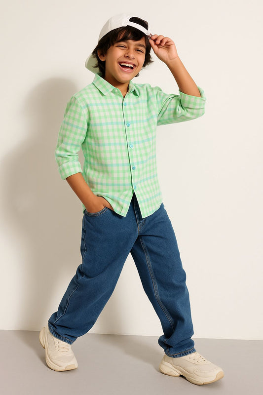 Boys Green Cotton Checks Shirt