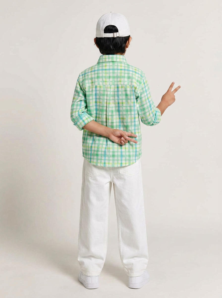Boys Green Cotton Checks Shirt