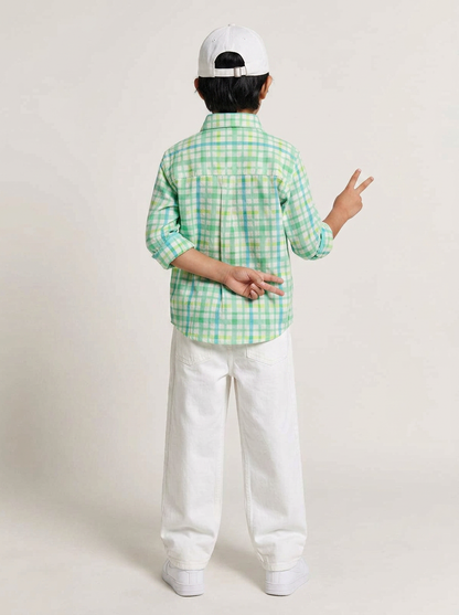 Boys Green Cotton Checks Shirt