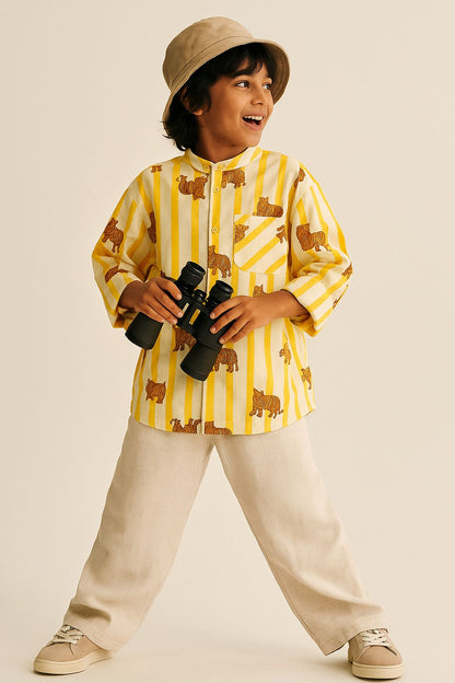 Boys Yellow Cotton Print Oversized Shirt