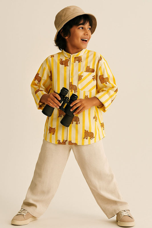 Boys Yellow Cotton Print Oversized Shirt