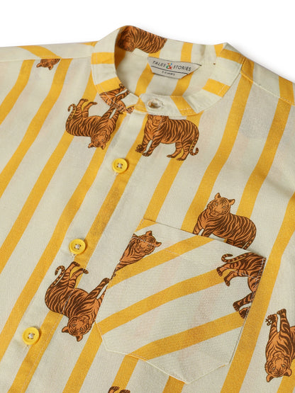 Boys Yellow Cotton Print Oversized Shirt