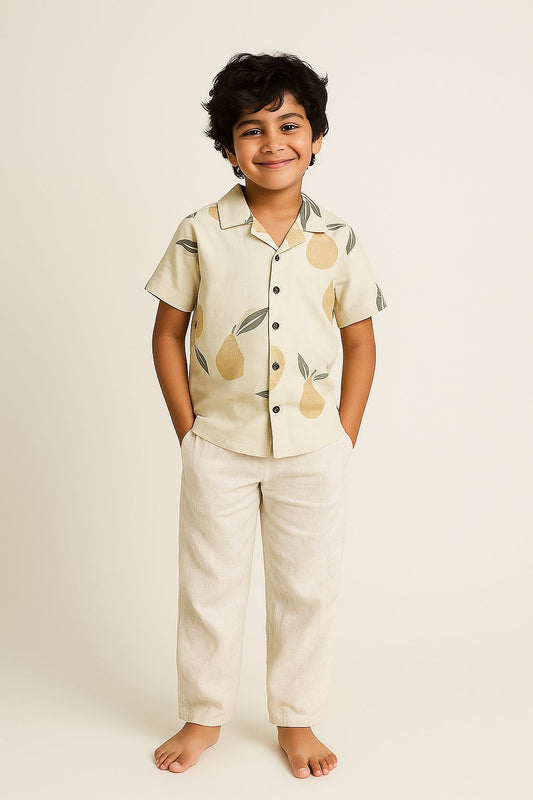 Boys Beige Cotton Print Oversized Shirt